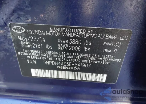 2014 Hyundai Elantra Se from USA, damaged, VIN 5NPDH4AE5EH541907